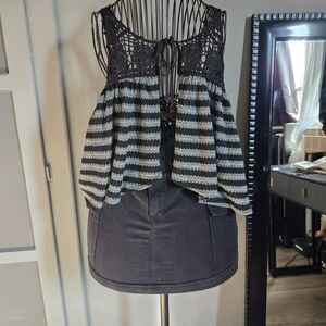 Chic Black and White Striped Crochet Blouse